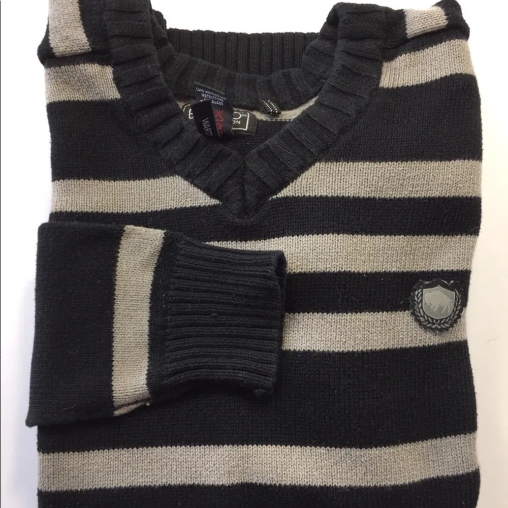Buffalo David Bitton Men Sweater V Neck Stripe Black Tan Small Cotton
